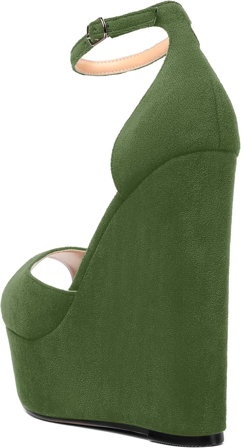 ROSERWISH Womens Sexy Peep Toe Night Club Ankle Strap Suede Buckle Platform Fashion Wedge High Heel Pumps Shoes 6 Inch