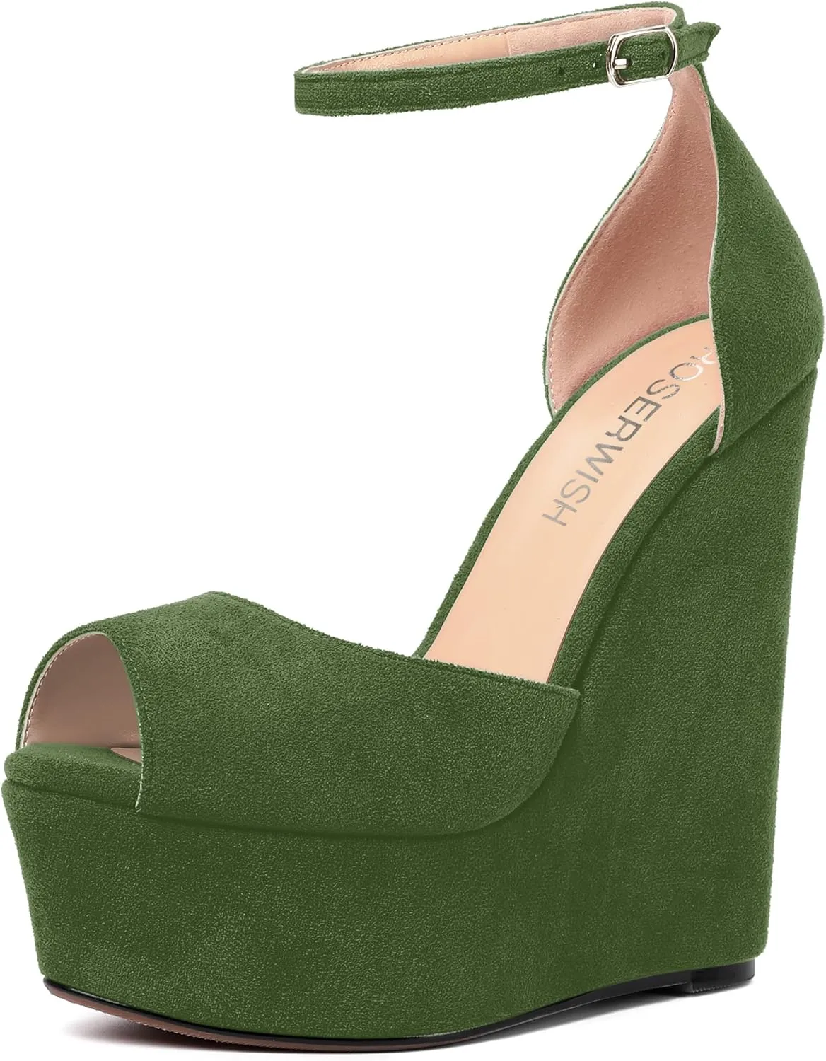 ROSERWISH Womens Sexy Peep Toe Night Club Ankle Strap Suede Buckle Platform Fashion Wedge High Heel Pumps Shoes 6 Inch