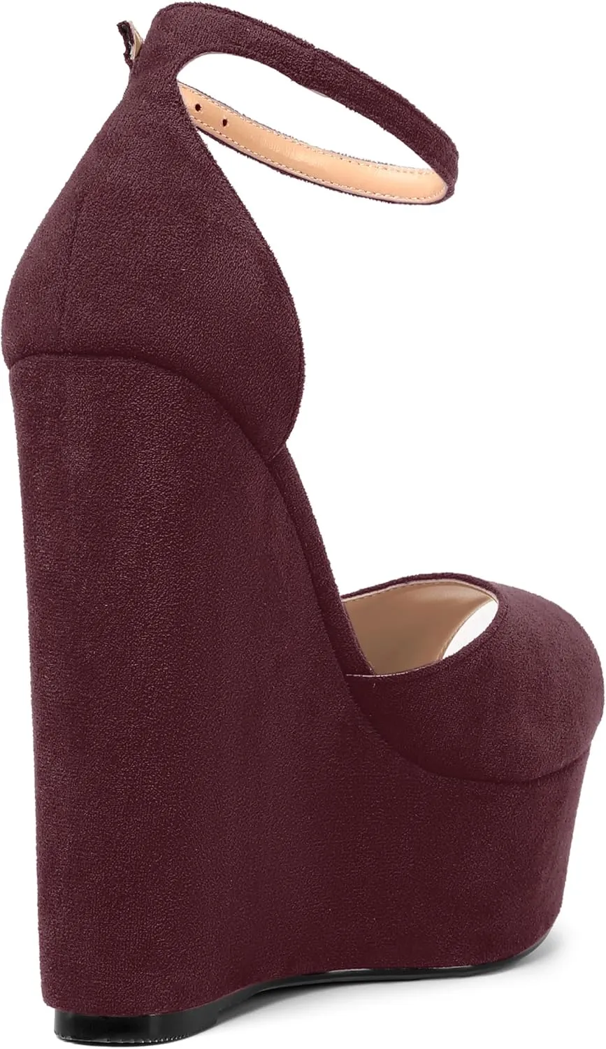 ROSERWISH Womens Sexy Peep Toe Night Club Ankle Strap Suede Buckle Platform Fashion Wedge High Heel Pumps Shoes 6 Inch