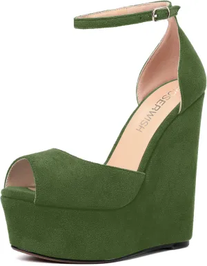 ROSERWISH Womens Sexy Peep Toe Night Club Ankle Strap Suede Buckle Platform Fashion Wedge High Heel Pumps Shoes 6 Inch