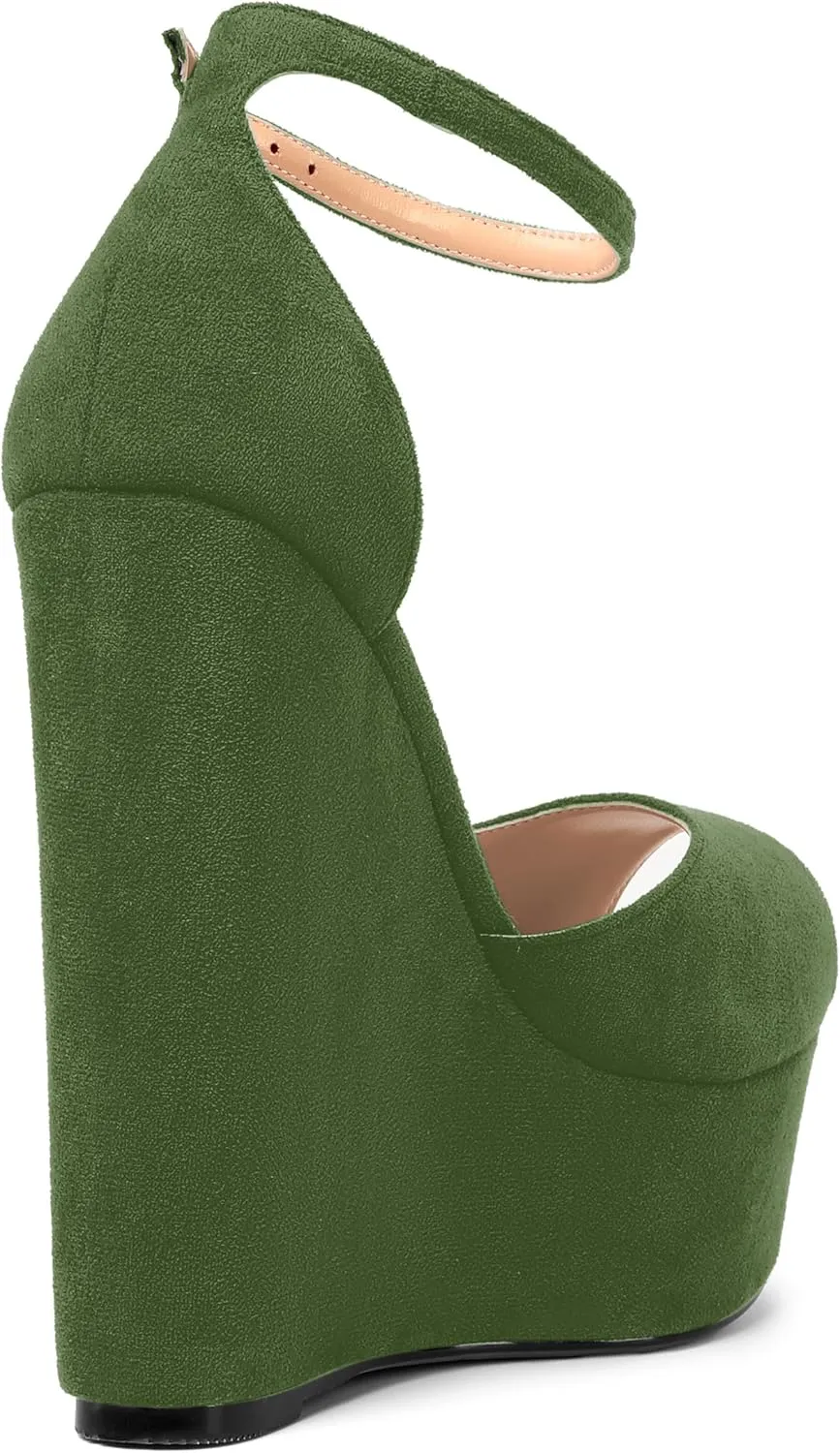ROSERWISH Womens Sexy Peep Toe Night Club Ankle Strap Suede Buckle Platform Fashion Wedge High Heel Pumps Shoes 6 Inch