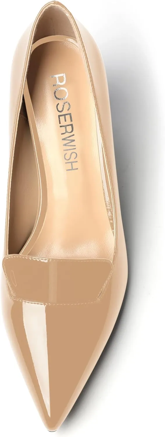 ROSERWISH Womens Slip On Pointed Toe Elegant Sexy Patent Party Chunky High Heel Pumps Dress Shoes 2.5 Inch