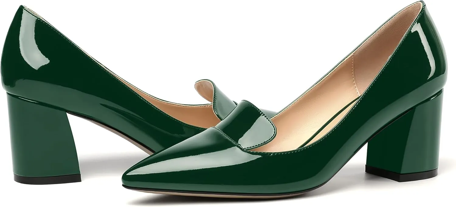 ROSERWISH Womens Slip On Pointed Toe Elegant Sexy Patent Party Chunky High Heel Pumps Dress Shoes 2.5 Inch