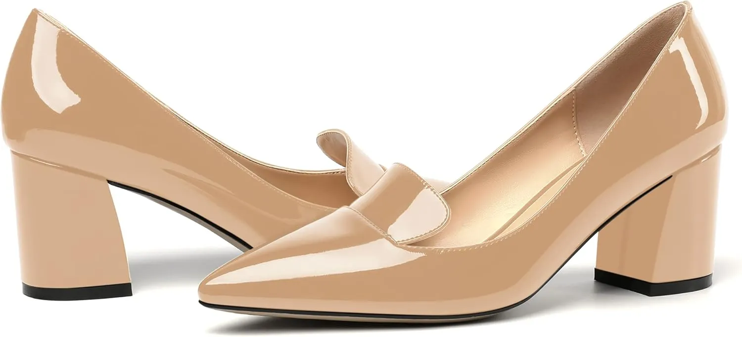 ROSERWISH Womens Slip On Pointed Toe Elegant Sexy Patent Party Chunky High Heel Pumps Dress Shoes 2.5 Inch