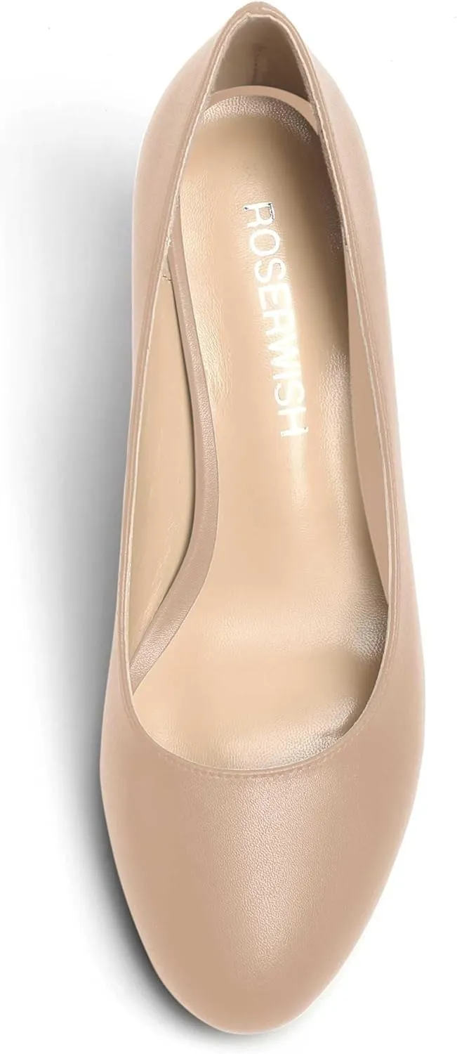 ROSERWISH Womens Slip On Wedding Party Round Toe Sexy Elegant Stiletto Mid Heel Pumps Dress Shoes 2.5 Inch