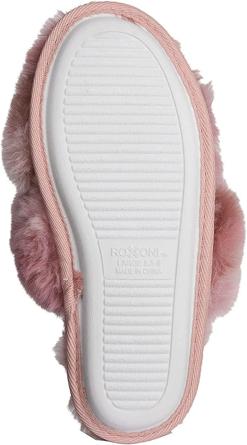 Roxoni Fuzzy House Slippers for Women – Comfortable Furry Spa – Cozy Slip On Open Toe - Soft Insole & Rubber Outsole