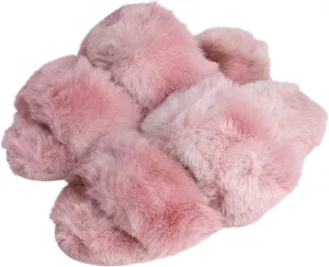 Roxoni Fuzzy House Slippers for Women – Comfortable Furry Spa – Cozy Slip On Open Toe - Soft Insole & Rubber Outsole