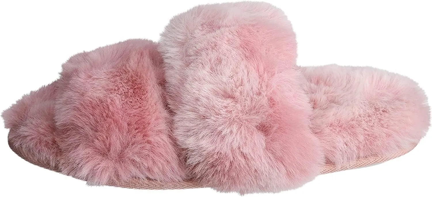 Roxoni Fuzzy House Slippers for Women – Comfortable Furry Spa – Cozy Slip On Open Toe - Soft Insole & Rubber Outsole