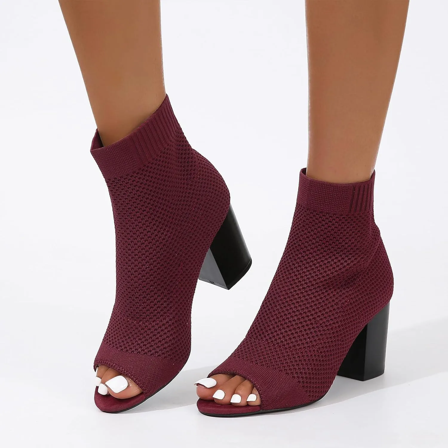 SACFOF Peep Toe Booties for Women Knit Pointed Toe Chunky Block Heels Breathable Sandals Summer Casual Slip On Dress Sock Booties US5-11