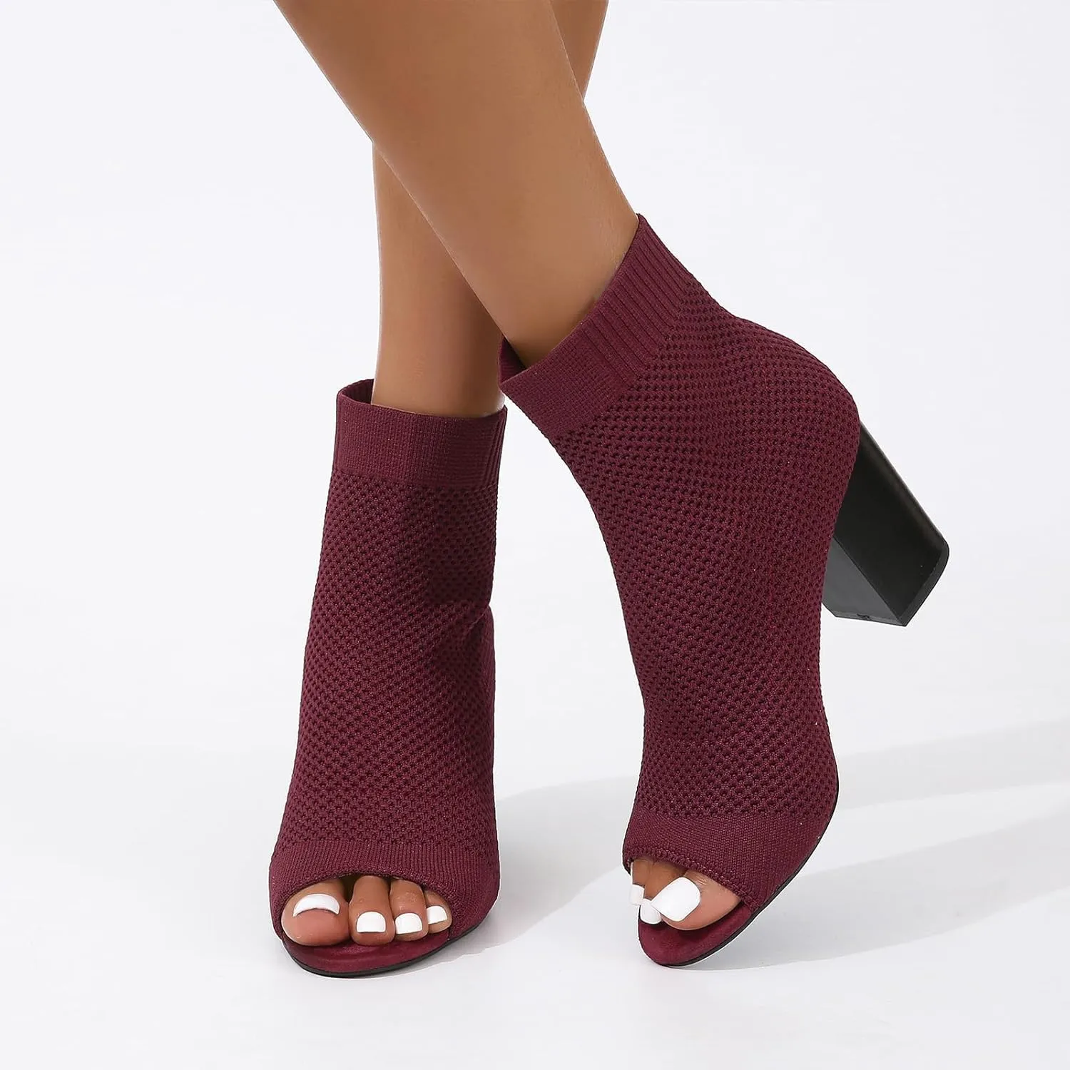 SACFOF Peep Toe Booties for Women Knit Pointed Toe Chunky Block Heels Breathable Sandals Summer Casual Slip On Dress Sock Booties US5-11