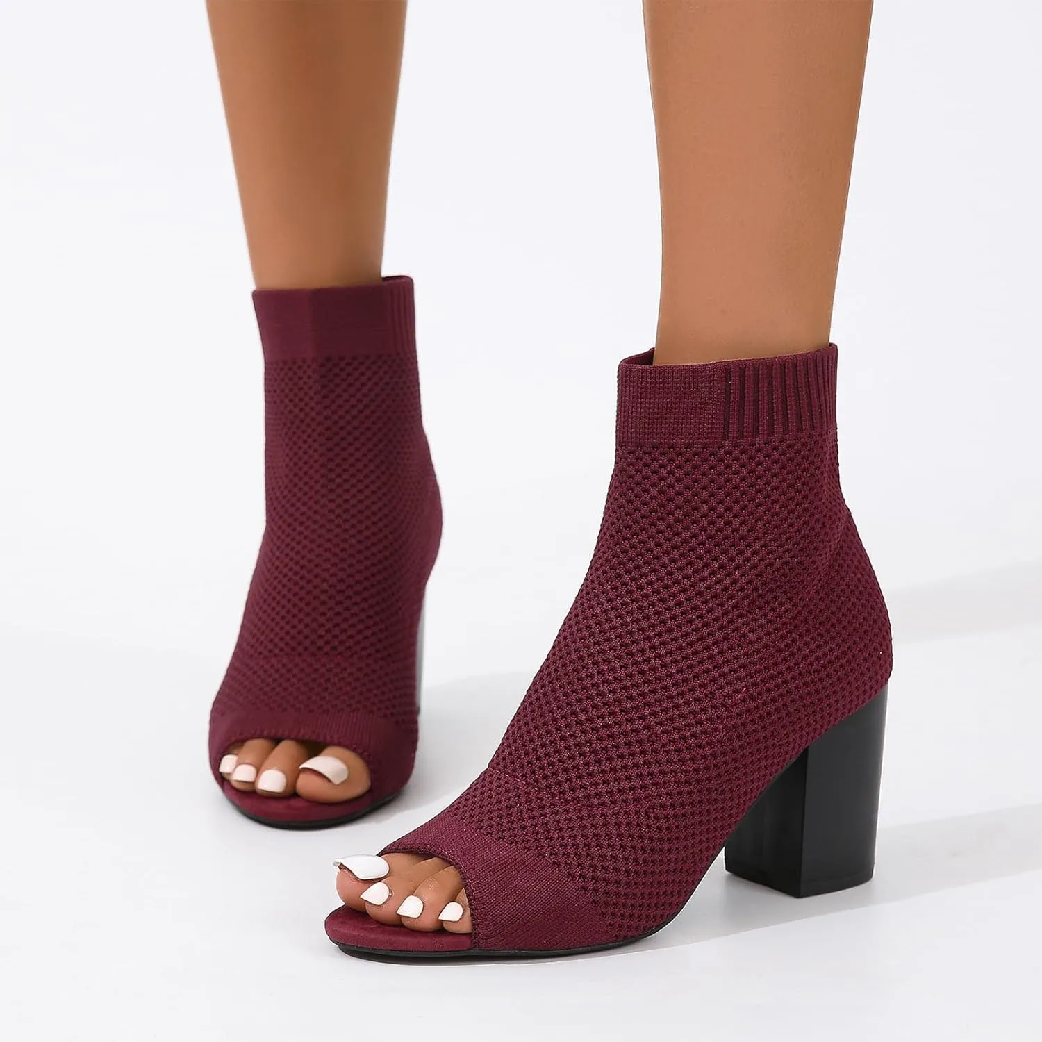 SACFOF Peep Toe Booties for Women Knit Pointed Toe Chunky Block Heels Breathable Sandals Summer Casual Slip On Dress Sock Booties US5-11
