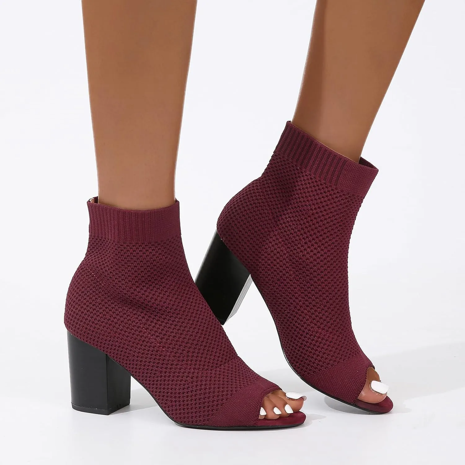 SACFOF Peep Toe Booties for Women Knit Pointed Toe Chunky Block Heels Breathable Sandals Summer Casual Slip On Dress Sock Booties US5-11