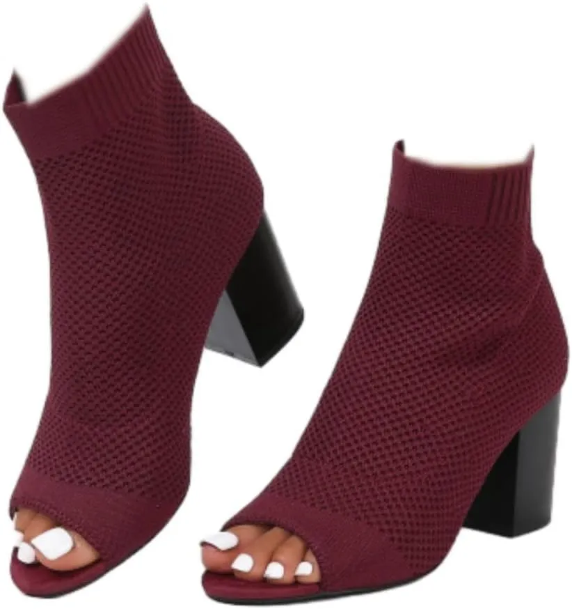 SACFOF Peep Toe Booties for Women Knit Pointed Toe Chunky Block Heels Breathable Sandals Summer Casual Slip On Dress Sock Booties US5-11
