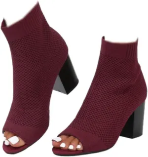 SACFOF Peep Toe Booties for Women Knit Pointed Toe Chunky Block Heels Breathable Sandals Summer Casual Slip On Dress Sock Booties US5-11