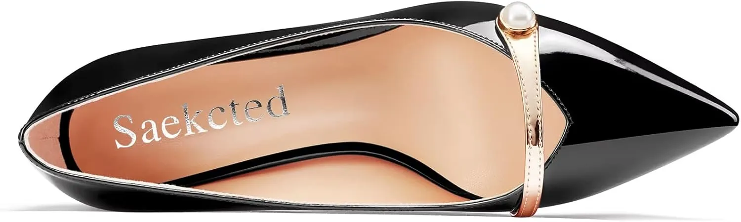 Saekcted Women Chunky Block Mid Heel Pointed Toe Pumps Slip-on Pearls Prom Dress 2.6 Inches Heels