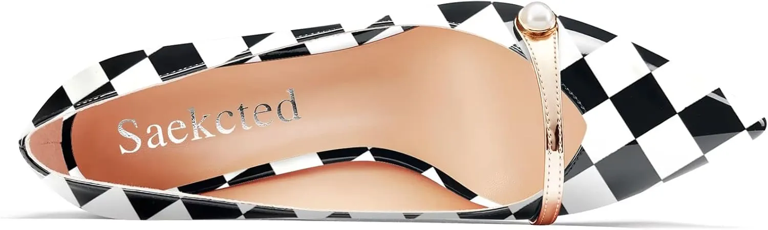 Saekcted Women Chunky Block Mid Heel Pointed Toe Pumps Slip-on Pearls Prom Dress 2.6 Inches Heels
