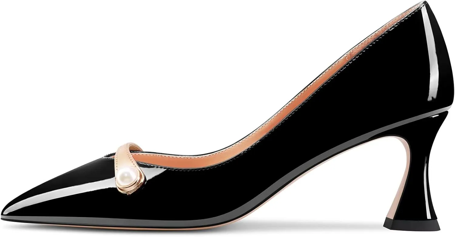 Saekcted Women Chunky Block Mid Heel Pointed Toe Pumps Slip-on Pearls Prom Dress 2.6 Inches Heels
