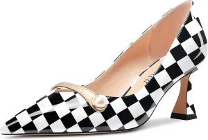 Saekcted Women Chunky Block Mid Heel Pointed Toe Pumps Slip-on Pearls Prom Dress 2.6 Inches Heels