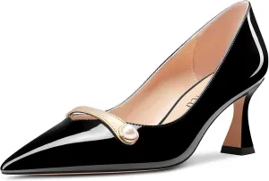 Saekcted Women Chunky Block Mid Heel Pointed Toe Pumps Slip-on Pearls Prom Dress 2.6 Inches Heels