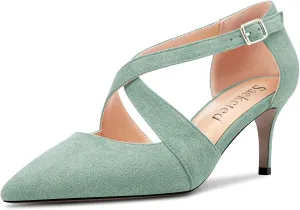 Saekcted Women Mid Stiletto Heel Pointed Toe Pumps Ankle Strap Cross-Strap Buckle Party Dress Shoes