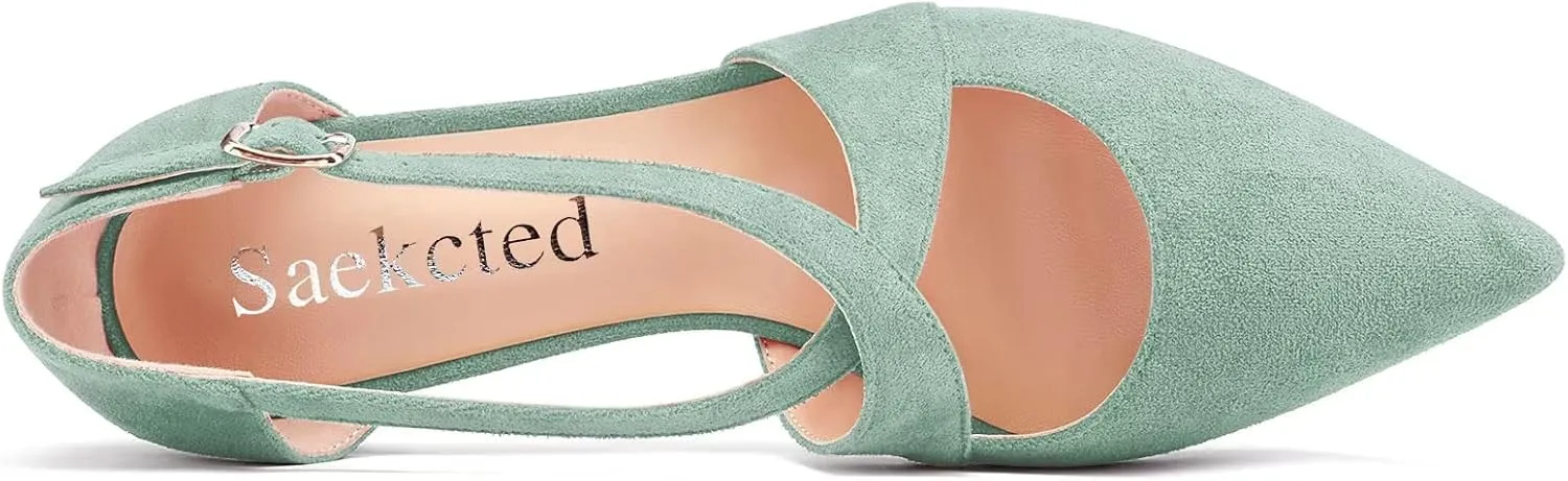 Saekcted Women Mid Stiletto Heel Pointed Toe Pumps Ankle Strap Cross-Strap Buckle Party Dress Shoes