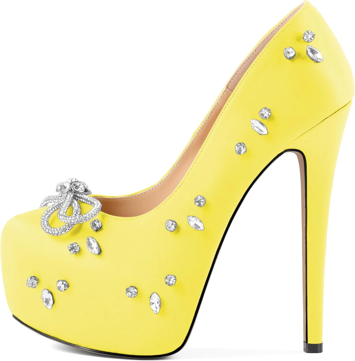SAMMITOP Women's High Heel Platform Pumps Sparkly Rhinestone Bow Round Closed Toe Stilettos Satin Wedding Bridal Party Dress Pump Shoes 6 Inch
