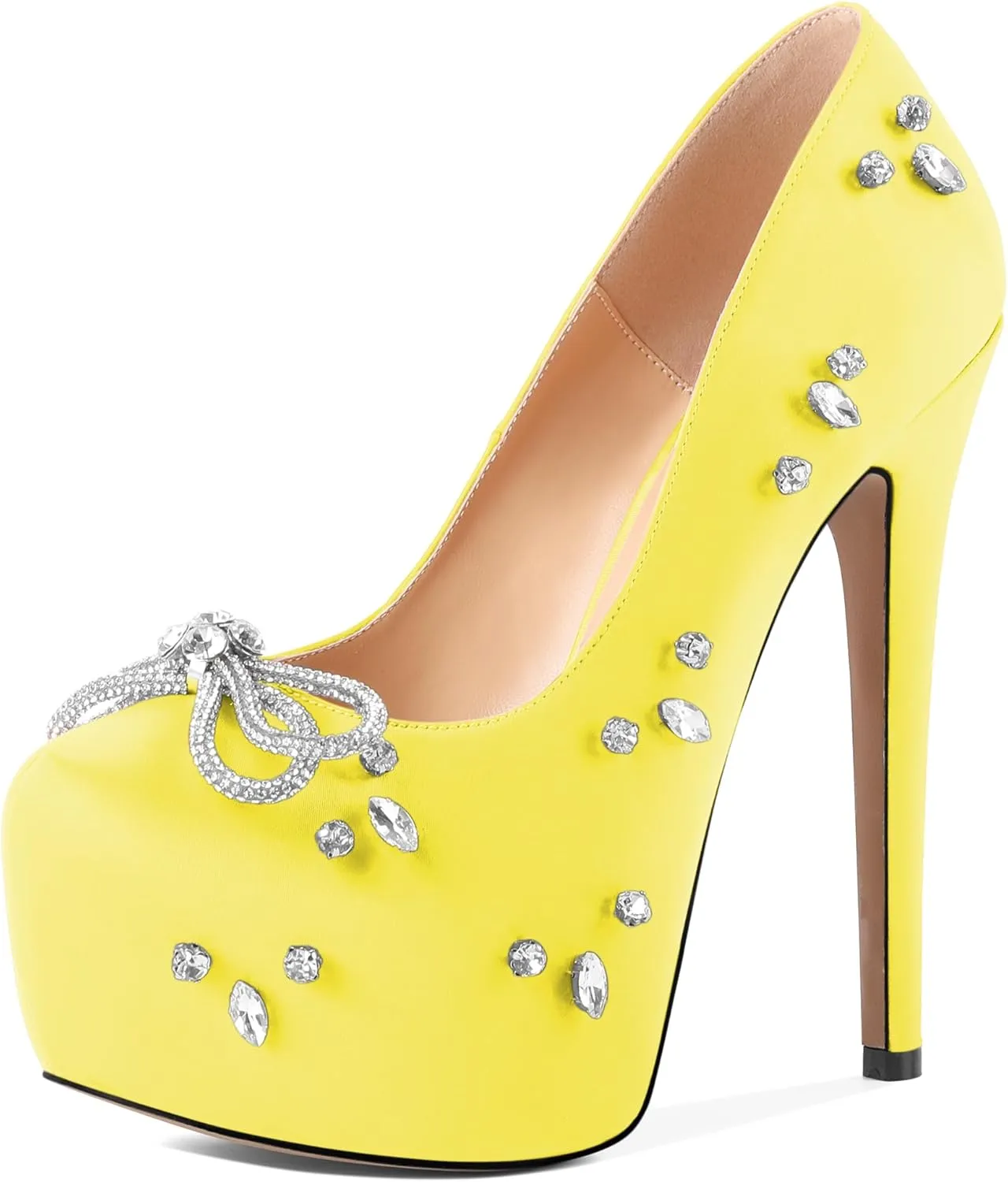 SAMMITOP Women's High Heel Platform Pumps Sparkly Rhinestone Bow Round Closed Toe Stilettos Satin Wedding Bridal Party Dress Pump Shoes 6 Inch