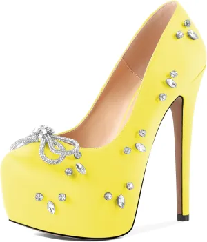 SAMMITOP Women's High Heel Platform Pumps Sparkly Rhinestone Bow Round Closed Toe Stilettos Satin Wedding Bridal Party Dress Pump Shoes 6 Inch