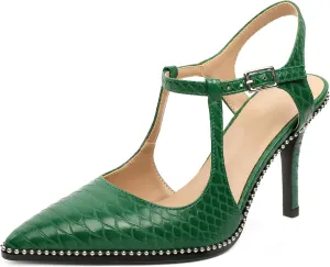 SAMMITOP Womens High Heels Ankle Strap Pointed Toe Stilettos Patent Leather Beaded Pumps Dress Shoes 3.5 Inch