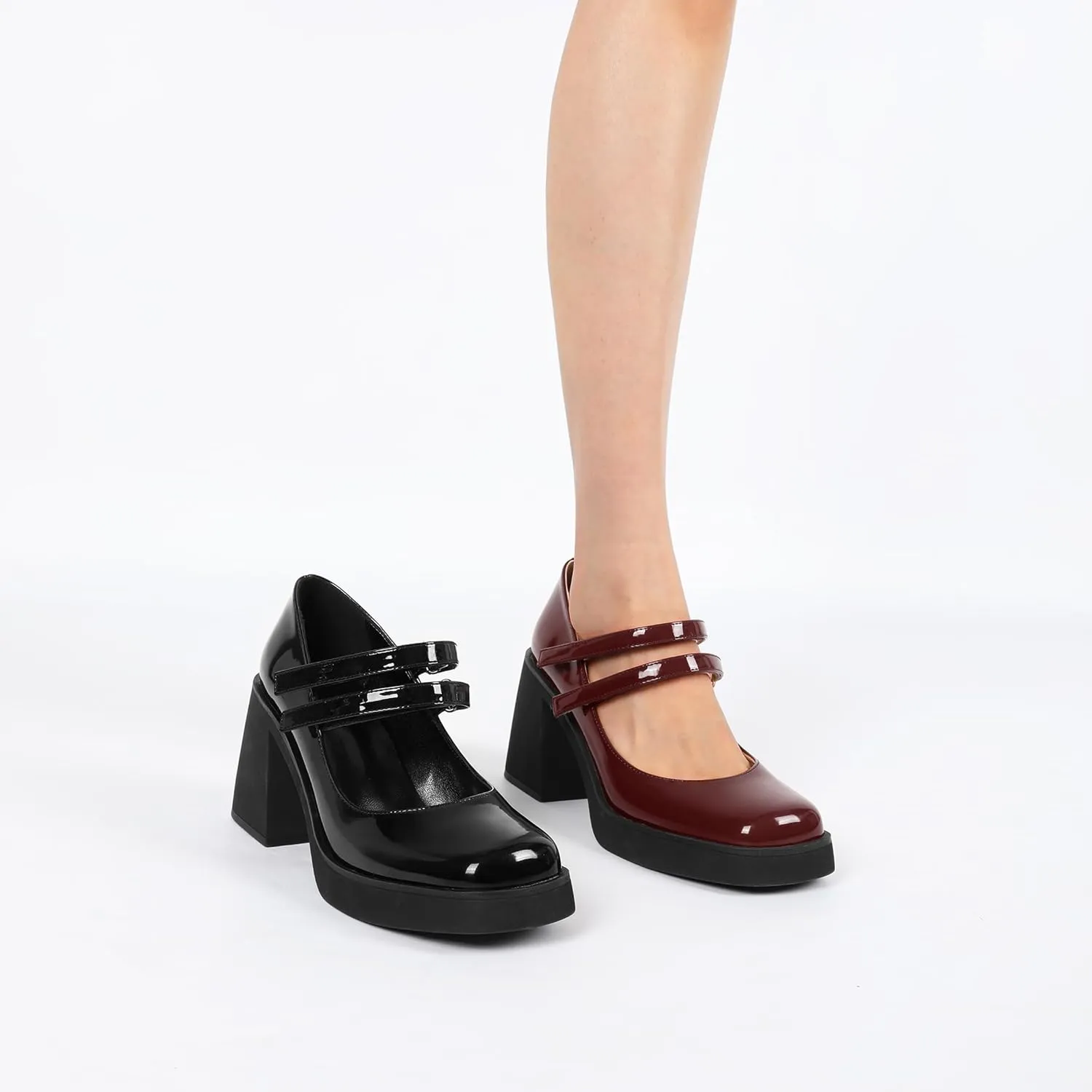 SAMMITOP Women's Platform Mary Jane Pumps Two Strap Square Toe Chunky Block High Heels Fashion Wedding Party Shoes 3.5 Inch
