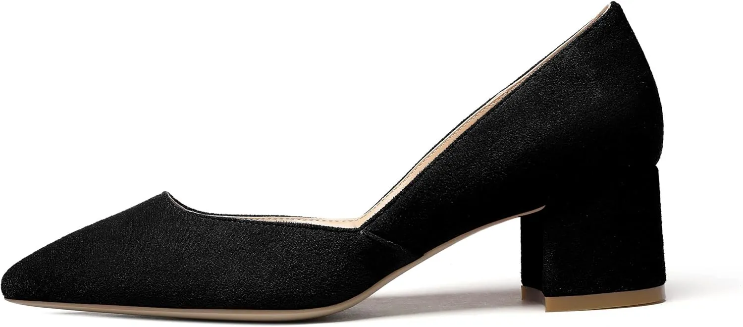 SAMMITOP Women's Pointed Toe D'Orsay Block Chunky Heels Pumps Slip On Classic Dress Shoes