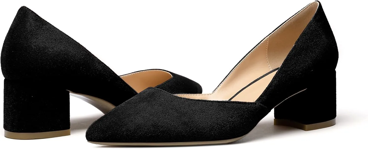 SAMMITOP Women's Pointed Toe D'Orsay Block Chunky Heels Pumps Slip On Classic Dress Shoes