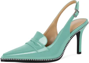 SAMMITOP Womens Slingback High Heel Pumps 3.5" Stiletto Pointed Toe Beaded Pumps Slip On Loafers Heels Elegant Dress Shoes