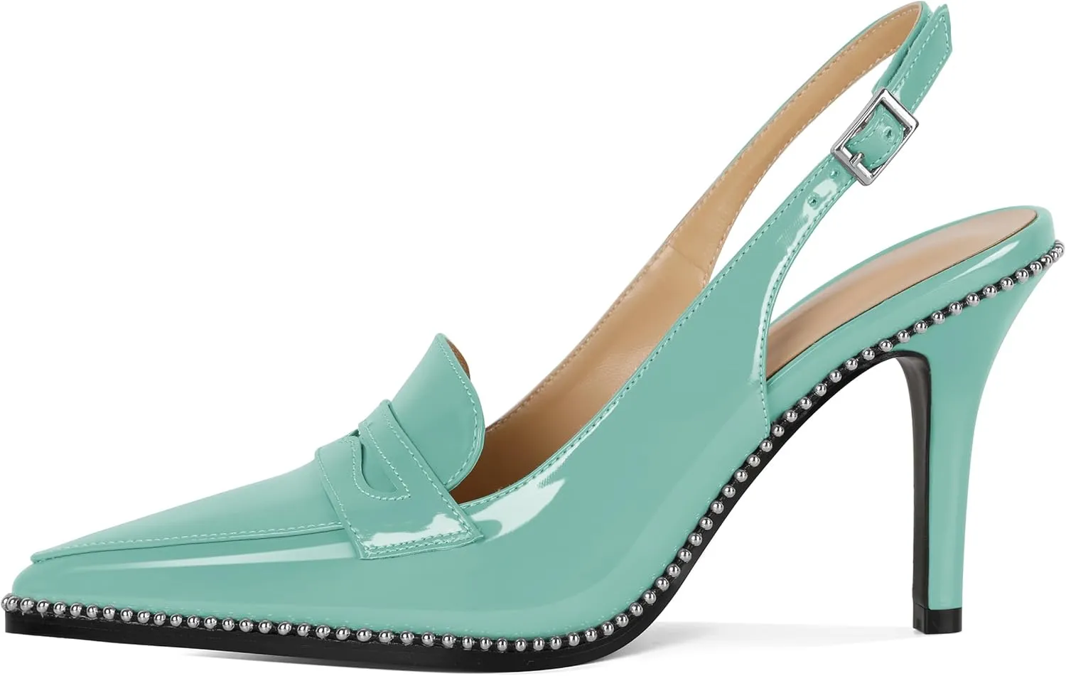 SAMMITOP Womens Slingback High Heel Pumps 3.5" Stiletto Pointed Toe Beaded Pumps Slip On Loafers Heels Elegant Dress Shoes