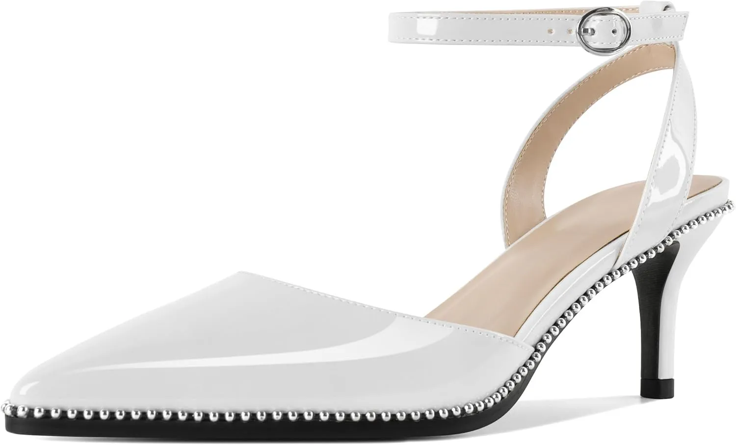 SAMMITOP Womens Slingback Kitten Heels Pointed Toe Low Heel Ankle Strap Pumps Slip On Comfortable Wedding Party Beaded Dress Shoes 2.4 Inch