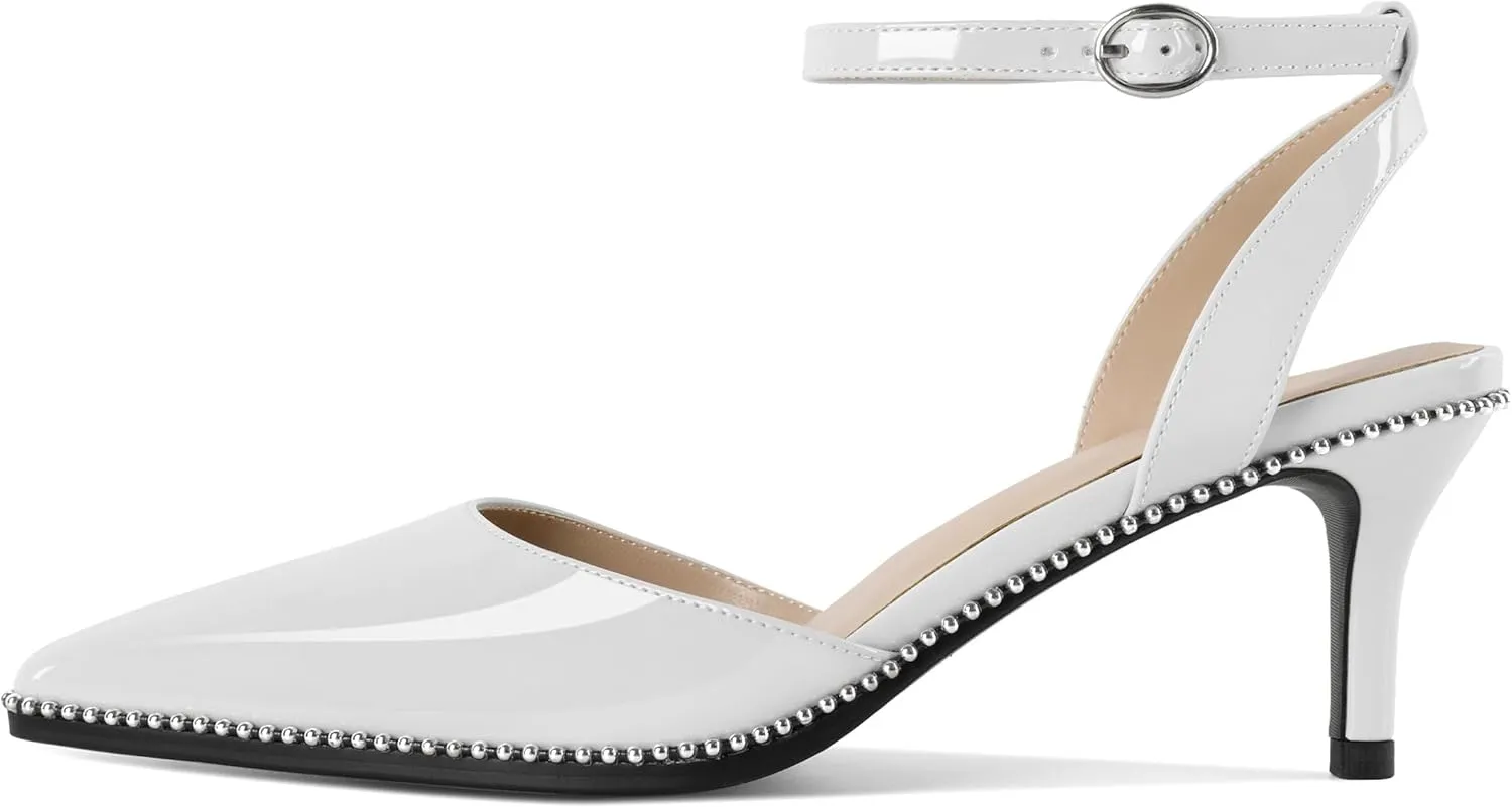 SAMMITOP Womens Slingback Kitten Heels Pointed Toe Low Heel Ankle Strap Pumps Slip On Comfortable Wedding Party Beaded Dress Shoes 2.4 Inch