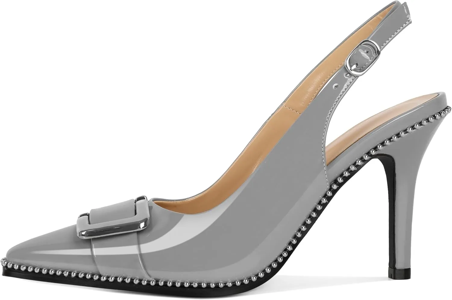 SAMMITOP Womens Slingback Stiletto High Heels Closed Pointed Toe Pumps Beaded Metal Buckle Sexy Office Dress Shoes 3.5 Inch