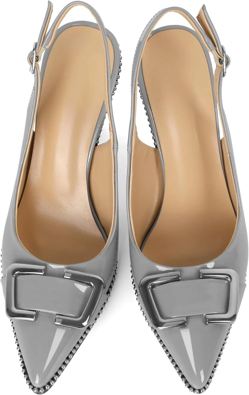 SAMMITOP Womens Slingback Stiletto High Heels Closed Pointed Toe Pumps Beaded Metal Buckle Sexy Office Dress Shoes 3.5 Inch