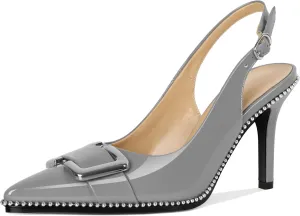 SAMMITOP Womens Slingback Stiletto High Heels Closed Pointed Toe Pumps Beaded Metal Buckle Sexy Office Dress Shoes 3.5 Inch