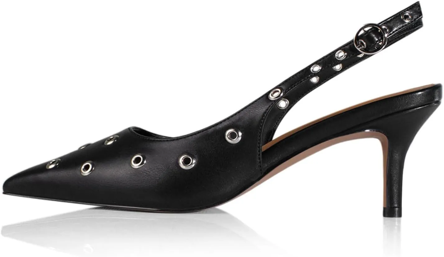 sarawill Women's Sexy Pointed Toe Slingback Stiletto Heel Fashion Grommets with Buckle High Heel Pumps Comfort Slip On Closed Toe Wedding Office Dress Slingback Shoes for Women