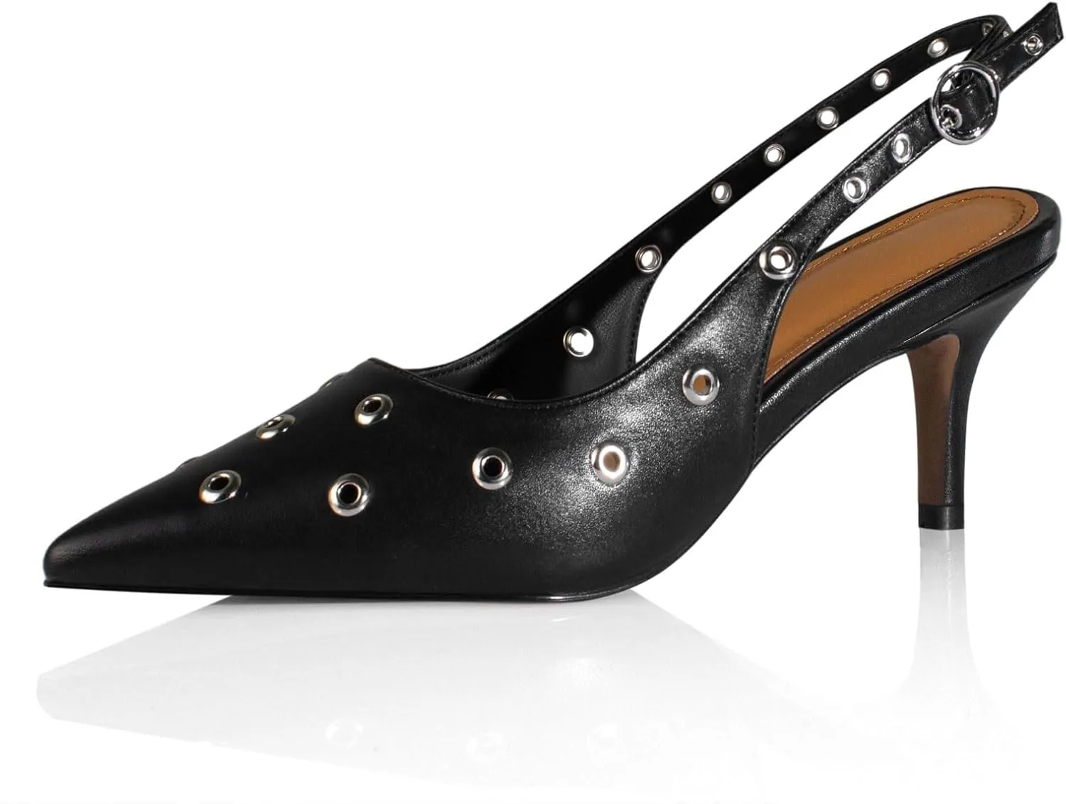 sarawill Women's Sexy Pointed Toe Slingback Stiletto Heel Fashion Grommets with Buckle High Heel Pumps Comfort Slip On Closed Toe Wedding Office Dress Slingback Shoes for Women