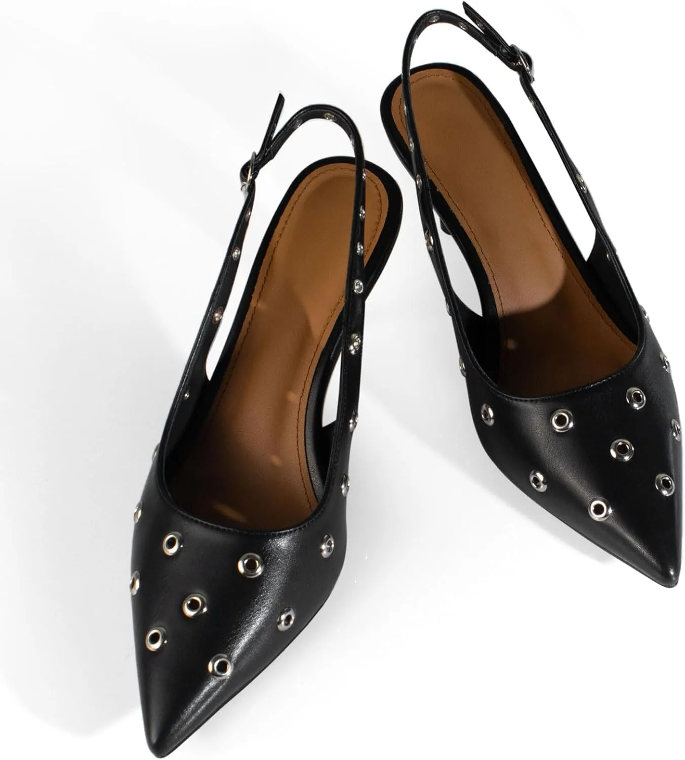 sarawill Women's Sexy Pointed Toe Slingback Stiletto Heel Fashion Grommets with Buckle High Heel Pumps Comfort Slip On Closed Toe Wedding Office Dress Slingback Shoes for Women