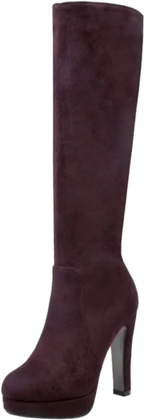 Scaoruki Women Elegant Mid Top Boots Block Heels High Boots Platform