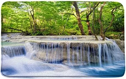 Scenic Waterfall Bath Mat Nature Plant Bathroom Rug Forest Tree Water Lake Landscape Jungle Soft Non-Slip Carpet Bedroom Kitchen Floor Door Mats 17x30 inch