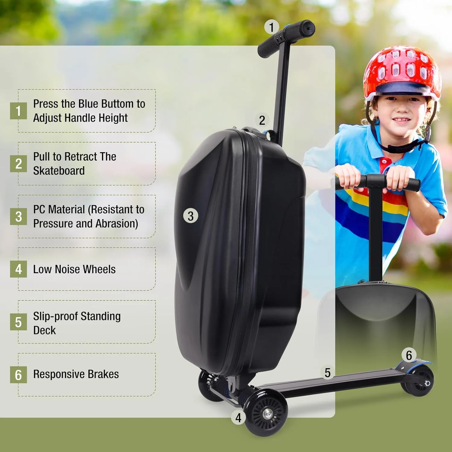 Scooter Luggage, 2- in- 1 Folding Carry On Hardshell Ride On Scooter Suitcase for Aged 4-15, Multifunctional Ride On Lightweight Luggage (Black)