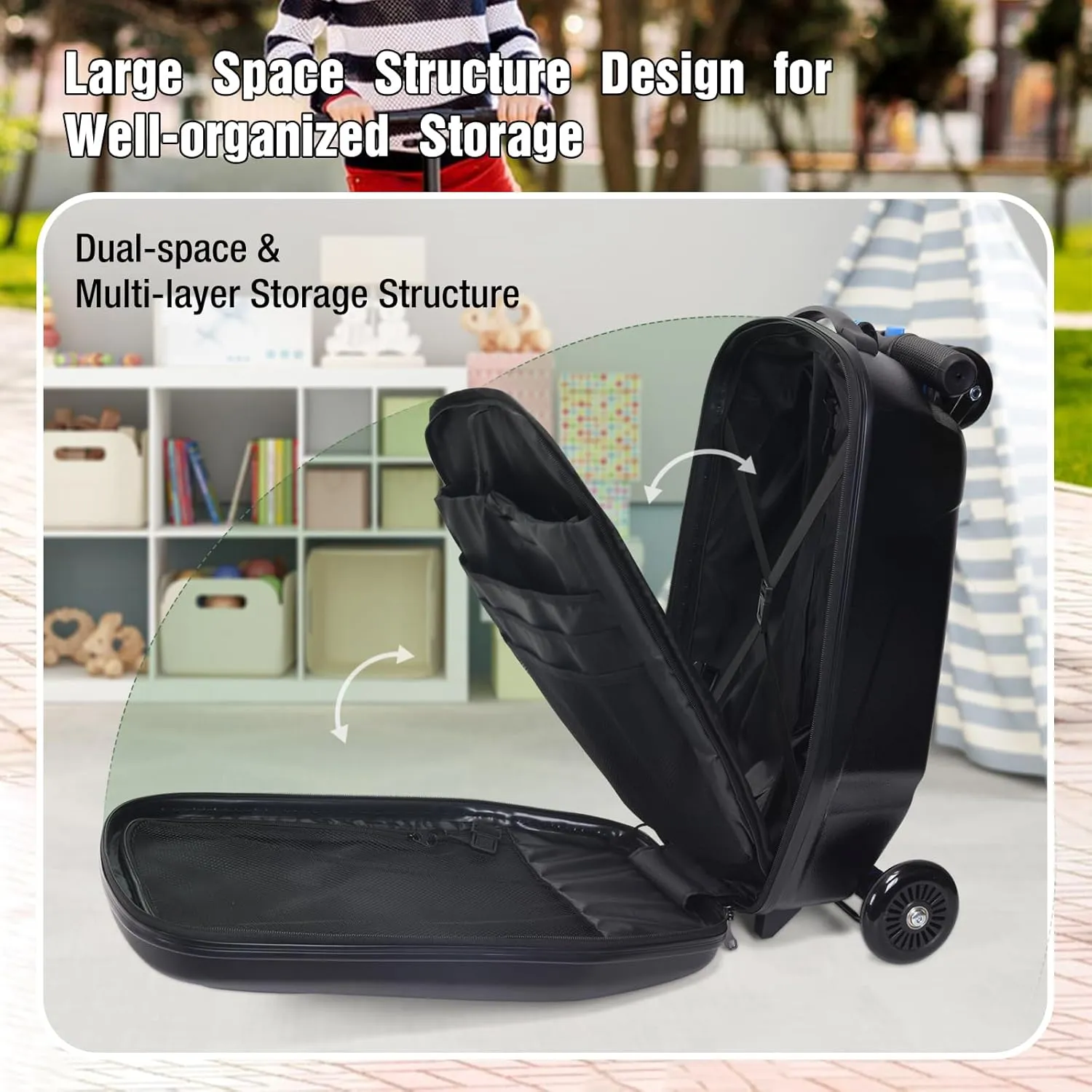 Scooter Luggage, 2- in- 1 Folding Carry On Hardshell Ride On Scooter Suitcase for Aged 4-15, Multifunctional Ride On Lightweight Luggage (Black)
