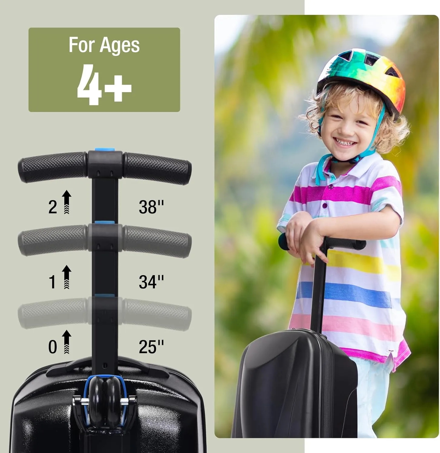 Scooter Luggage, 2- in- 1 Folding Carry On Hardshell Ride On Scooter Suitcase for Aged 4-15, Multifunctional Ride On Lightweight Luggage (Black)