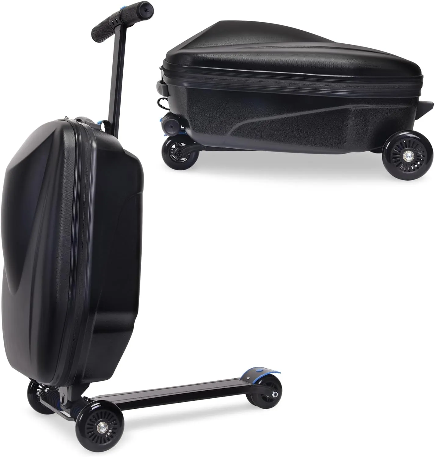 Scooter Luggage, 2- in- 1 Folding Carry On Hardshell Ride On Scooter Suitcase for Aged 4-15, Multifunctional Ride On Lightweight Luggage (Black)