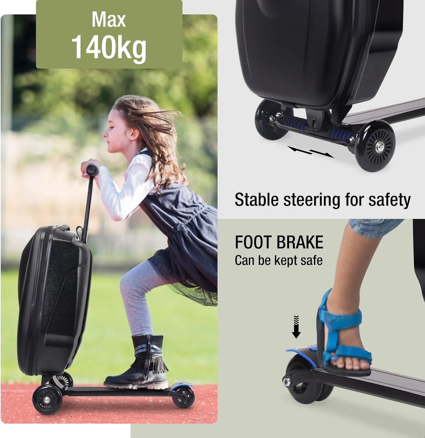 Scooter Luggage, 2- in- 1 Folding Carry On Hardshell Ride On Scooter Suitcase for Aged 4-15, Multifunctional Ride On Lightweight Luggage (Black)