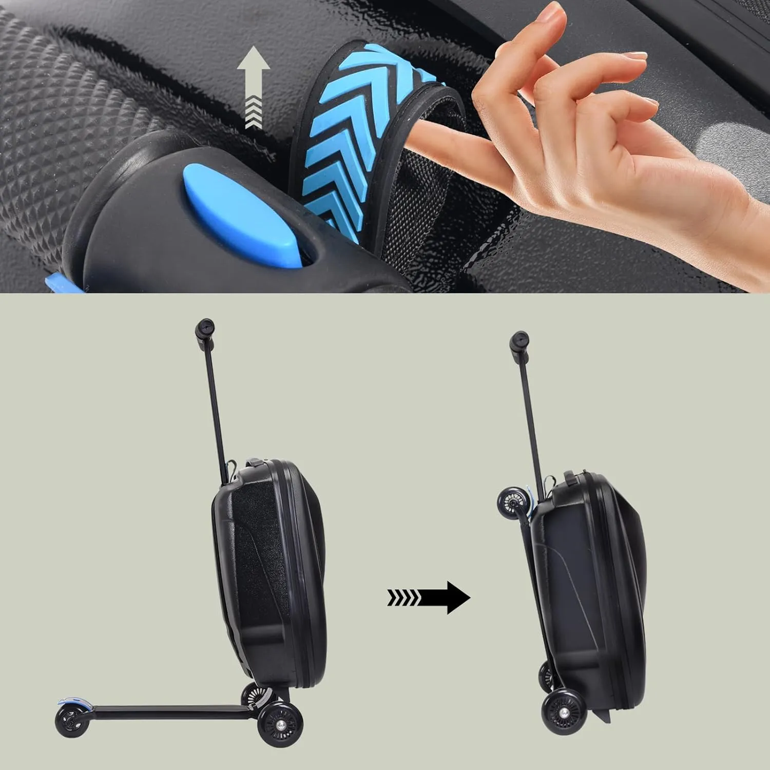 Scooter Luggage, 2- in- 1 Folding Carry On Hardshell Ride On Scooter Suitcase for Aged 4-15, Multifunctional Ride On Lightweight Luggage (Black)
